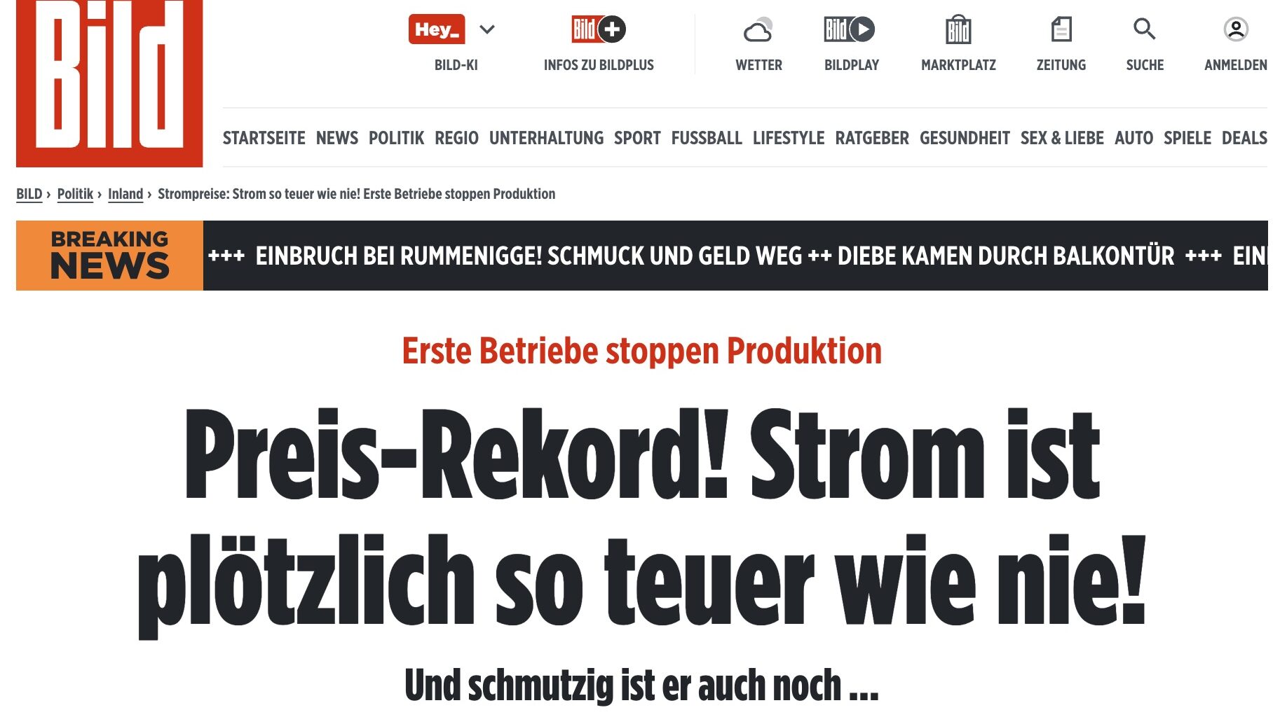 hohe Strompreise - Schlagzeile Bild Zeitung am 12.12.2024 | Foto: Screenshot Bild Homepage