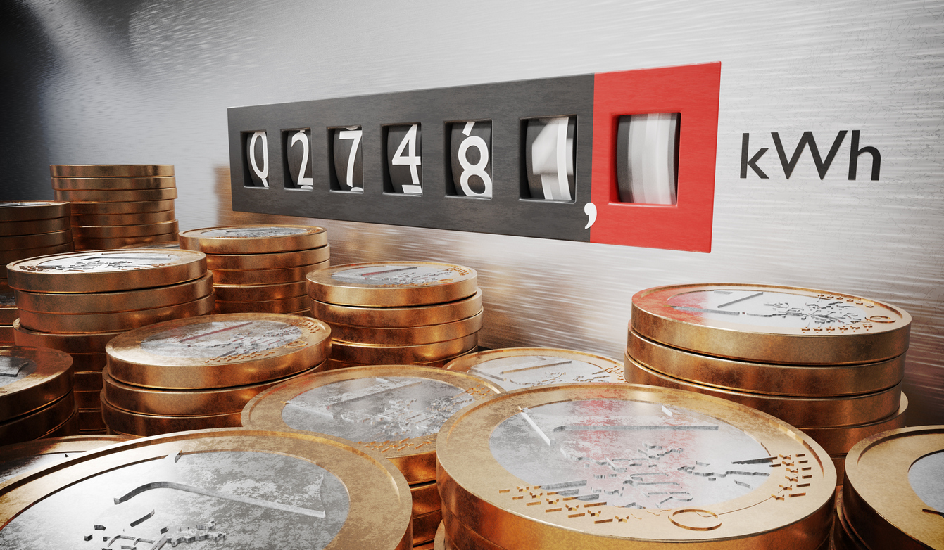 Gewerbestrom Tarifcheck 2026 – Stromzähler mit Euro-Münzen symbolisiert sinkende Energiekosten